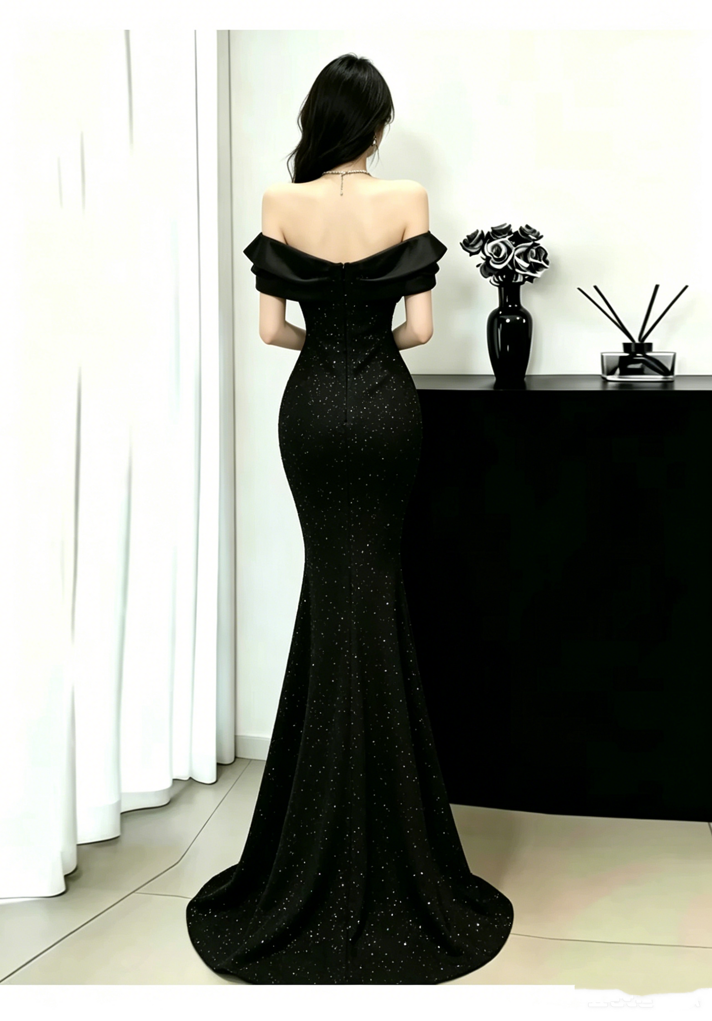 Glamorous Off-the-Shoulder Bow Glitter Mermaid Floor Length Prom Dress TP5873