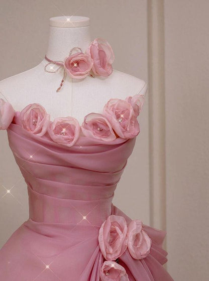 Vintage Pink Tulle 3D Flowers Strapless A-Line Evening Gown TP5182