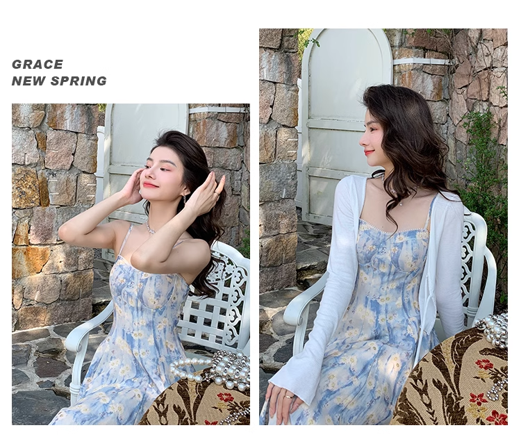 Design Sense Blue Painting Long Dress Holiday Beach Floral Spaghetti Strap Dress TP2960