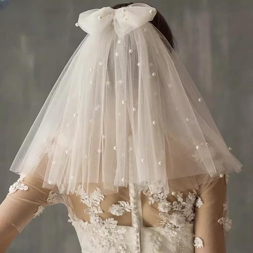Vintage Ivory Tulle Bridal Veil Large Bow Pearl-Beaded Short-Mid Wedding Veil TP5623
