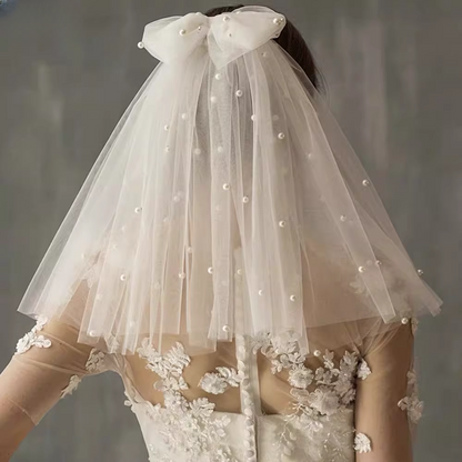 Vintage Ivory Tulle Bridal Veil Large Bow Pearl-Beaded Short-Mid Wedding Veil TP5623