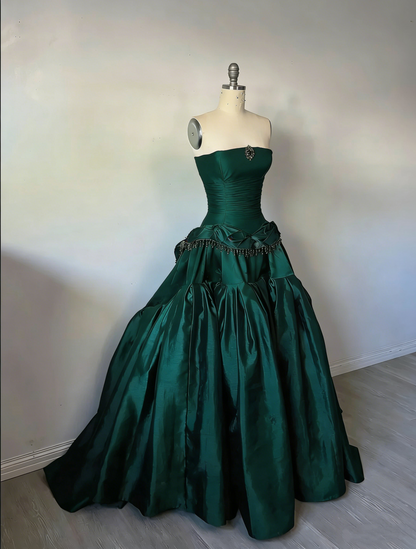 Vintage Burgundy Satin Sweet 16 Quinceanera Strapless Beaded Evening Dress Long Ball Gown TP4962