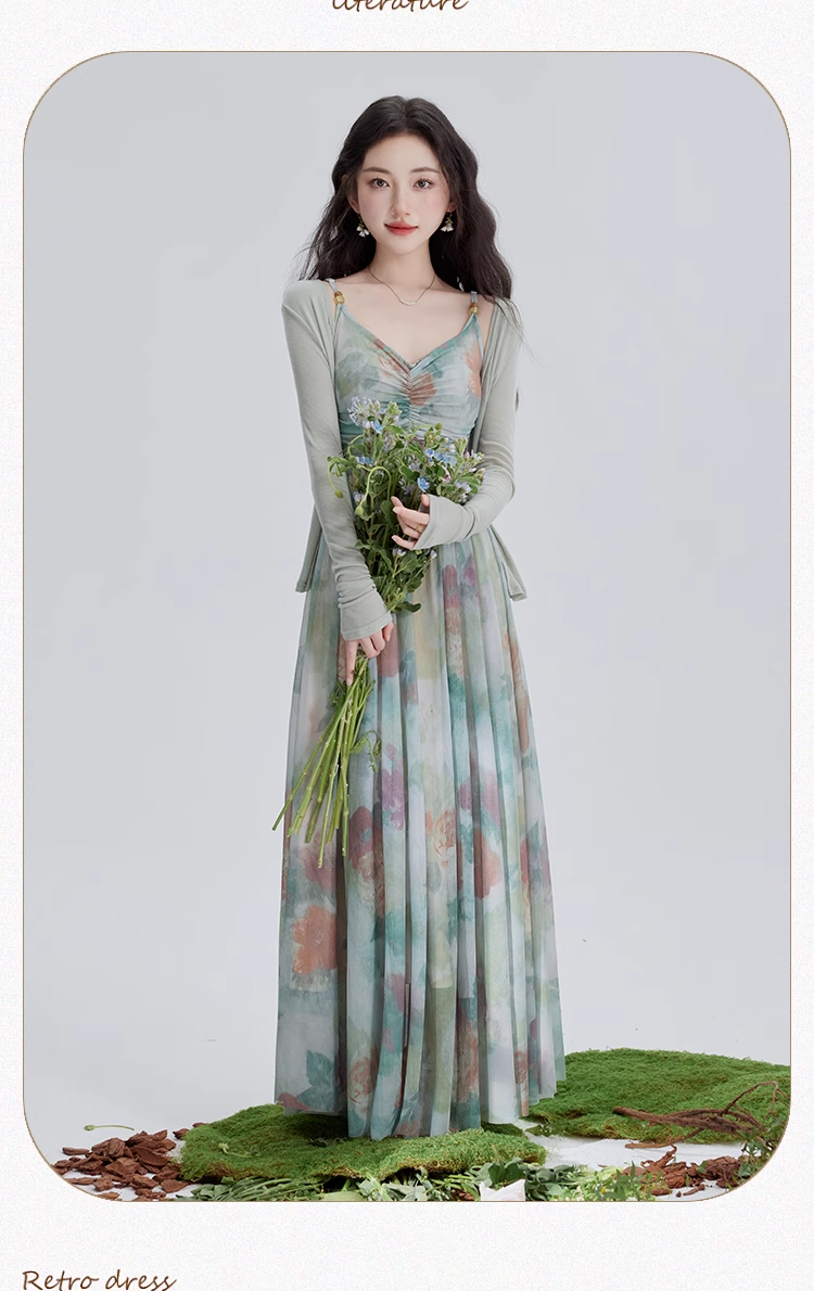 Vintage Fashion Floral Print Design Long-sleeved Cardigan A-line Long Spaghetti Strap Dress TP3335