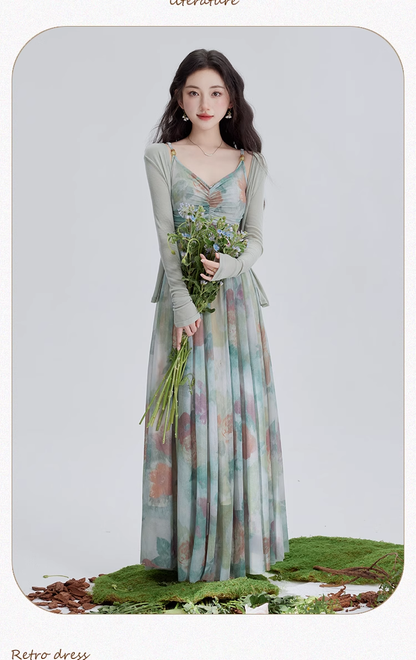 Vintage Fashion Floral Print Design Long-sleeved Cardigan A-line Long Spaghetti Strap Dress TP3335