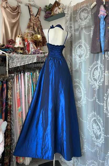 Vintage Royal Blue Satin Evening Gown A-Line Spaghetti Strap Party Dress Long Formal Dress TP4899