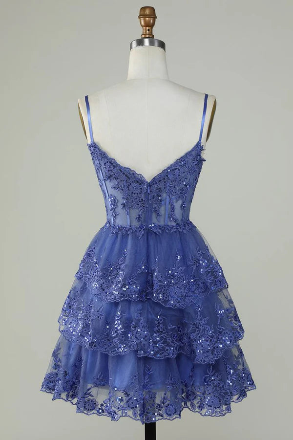 Gorgeous Navy Blue Sequined Corset Design A-line Spaghetti Strap Homecoming Dress TP3594