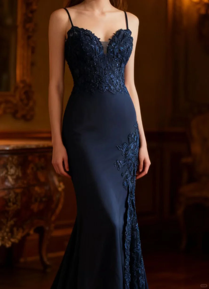 Elegant Navy Blue Sweetheart Beaded Evening Gown Sheath Spaghetti Strap Prom Dress TP5220
