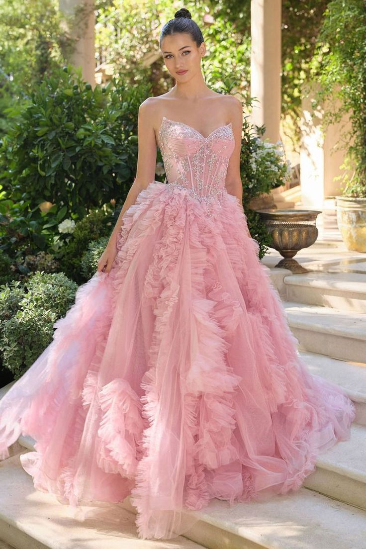 Glamorous Pink Strapless Corset Ruffled Tulle Skirt & Beaded Bodice Ball Gown TP5763