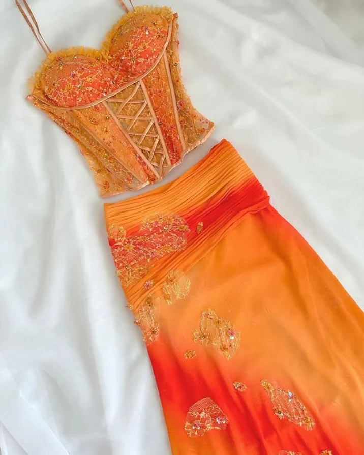 Vintage Orange Ombre Sweetheart A-Line Two Pieces Prom Dress Beaded Chiffon Spaghetti Strap Formal Dress TP4571