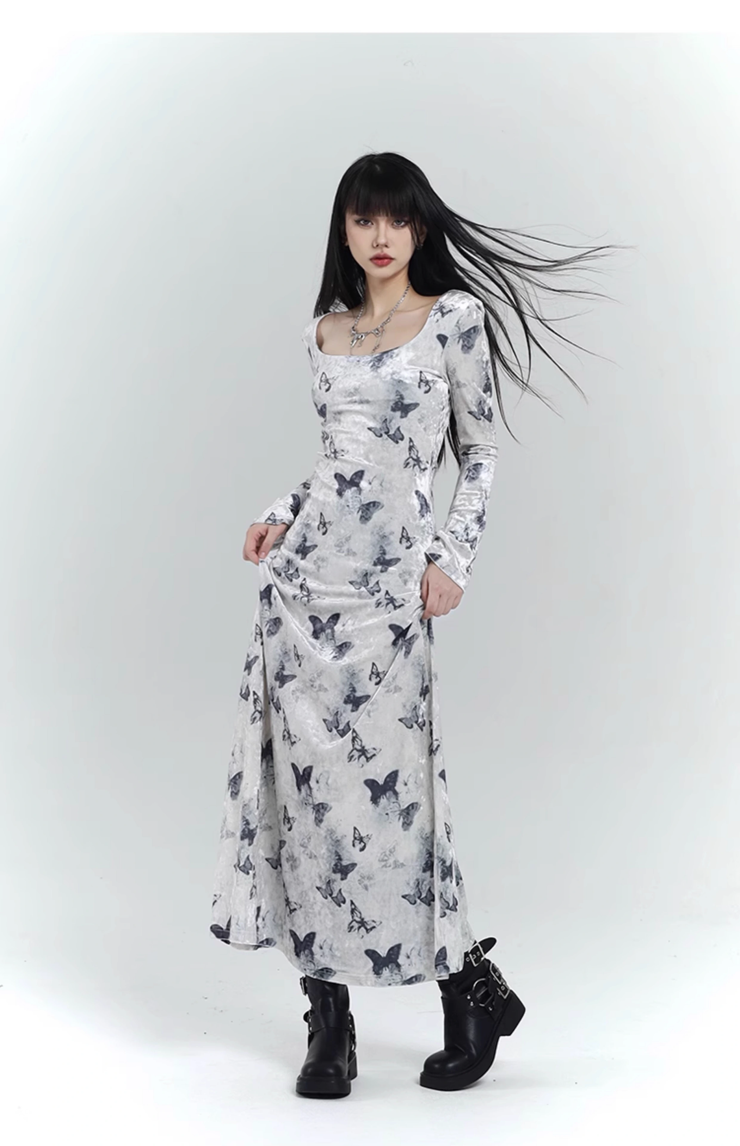 New Fashion Butterfly Pattern Design Sense White Long-sleeved Dress TP2929
