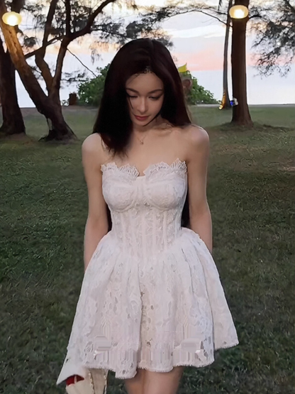 Vintage White Lace Strapless A-Line Homecoming Dress Party Dress Cocktail Dress TP4718