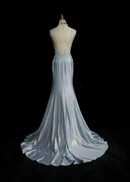 Glamorous Light Blue Embroidery Beaded Prom Dress Mermaid Sweetheart Spaghetti Strap Evening Gown TP5205