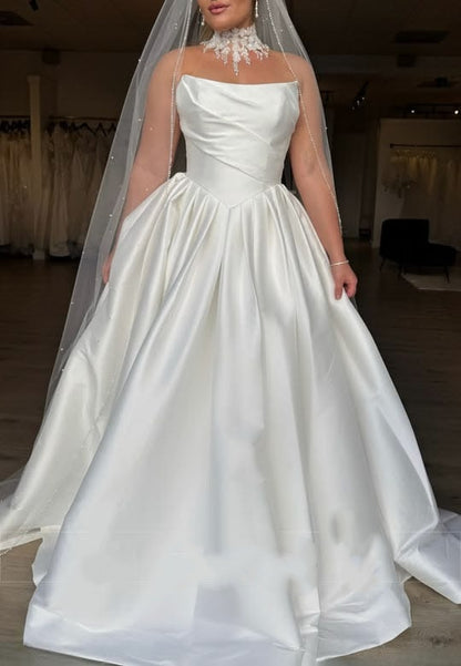 Elegant Strapless Draped Satin Chapel Train A-Line Wedding Gown TP5902