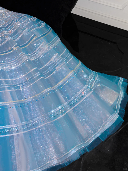 Vintage Sparkling Blue Sequin Sweetheart A-Line Design Tulle Evening Dress Prom Dresses TP4160