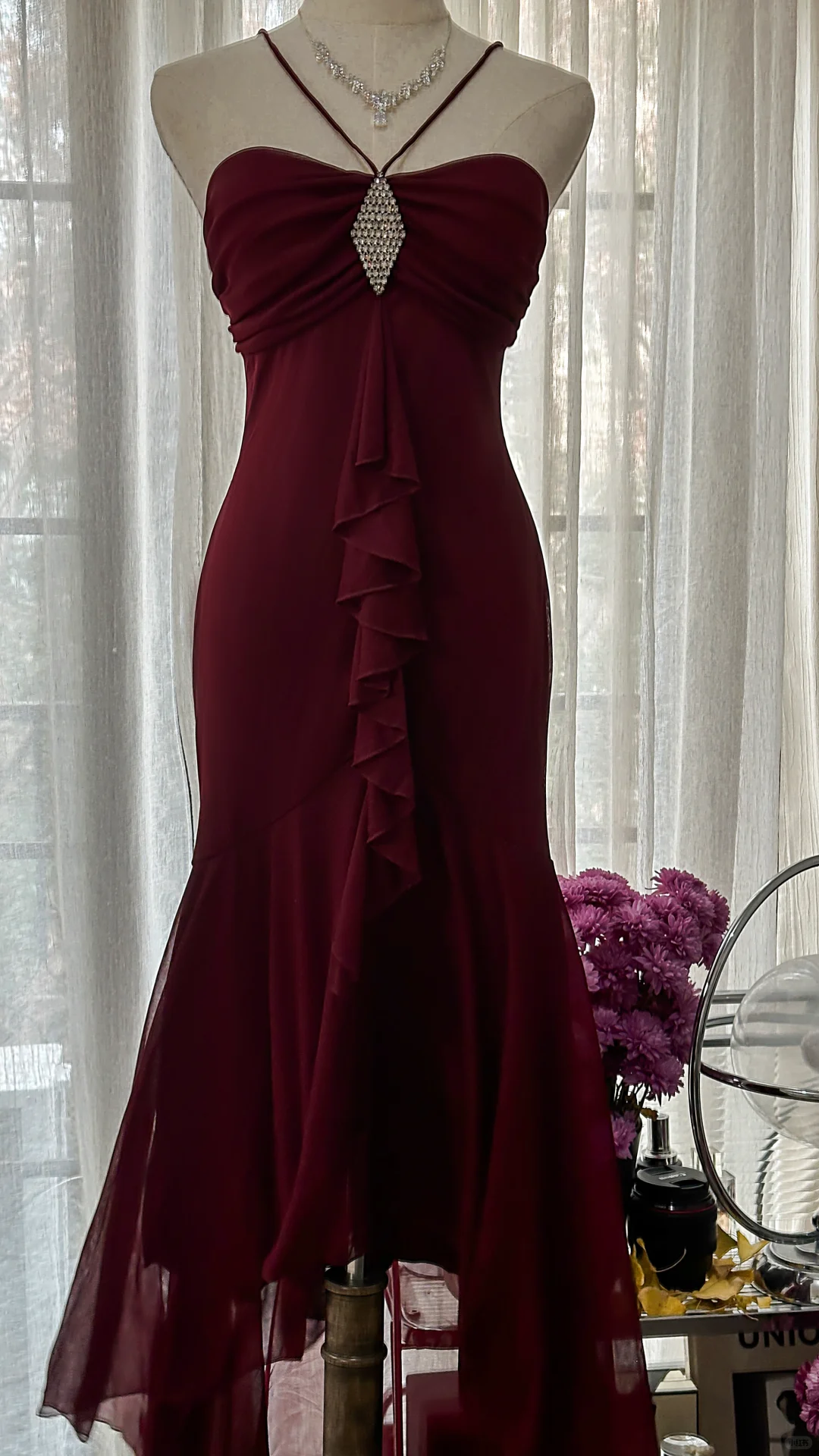 Elegant Burgundy Strapless Gorgeous Beaded Chiffon Evening Dress Prom Dress TP3974