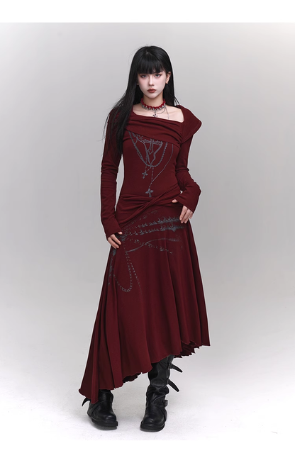 New Fashion Irregular Hemline Design Red Long-sleeved Dress TP2941