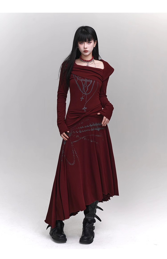 New Fashion Irregular Hemline Design Red Long-sleeved Dress TP2941