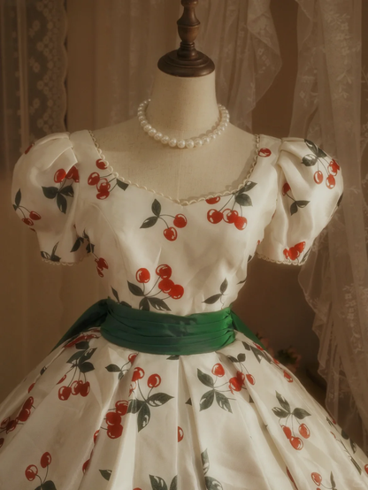 Cute Cherry Print Puff-Sleeve Green Back Bow Train Sweet 15 Quinceanera Ball Gown TP5509