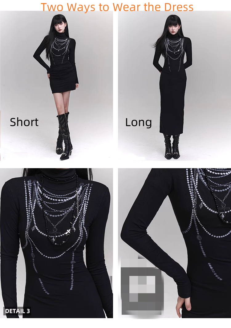 New fashion Dress Chain Design Black Turtleneck Knitted Base Long-sleeved Dress TP2940
