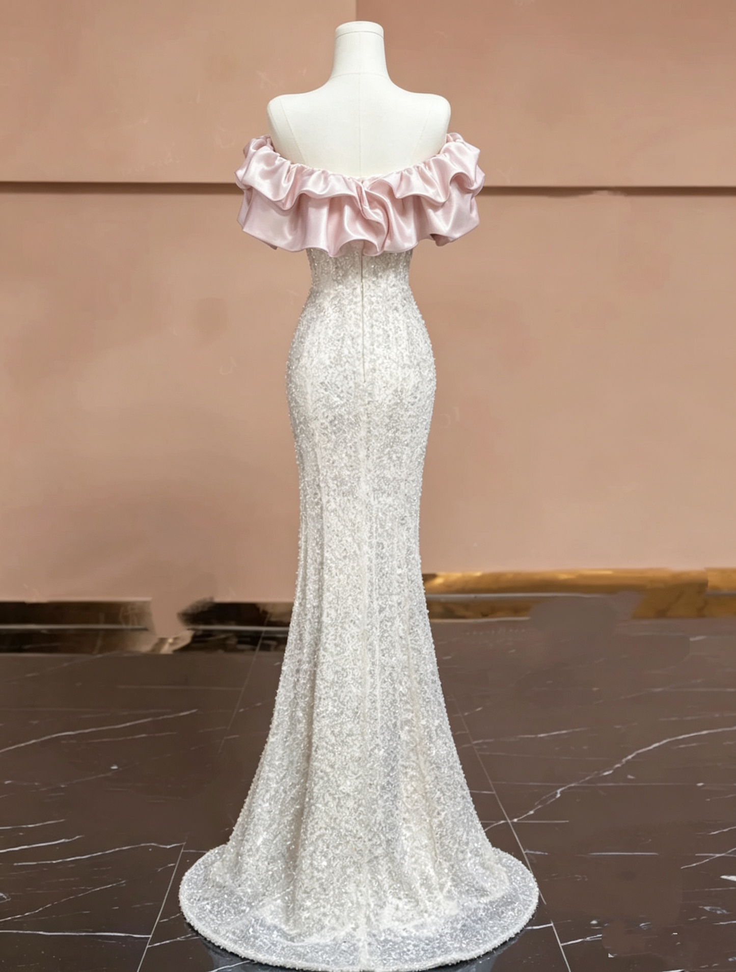 Elegant Off-the-Shoulder Pink Satin Ruffle Silver Glitter Mermaid Evening Dress TP6092