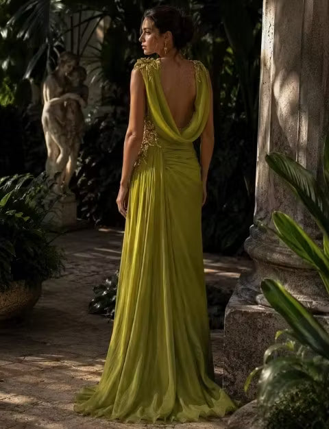 Vintage Olive Green One-Shoulder Ruched Chiffon Mermaid Beaded Floral Appliques Long Train Evening Gown TP5897