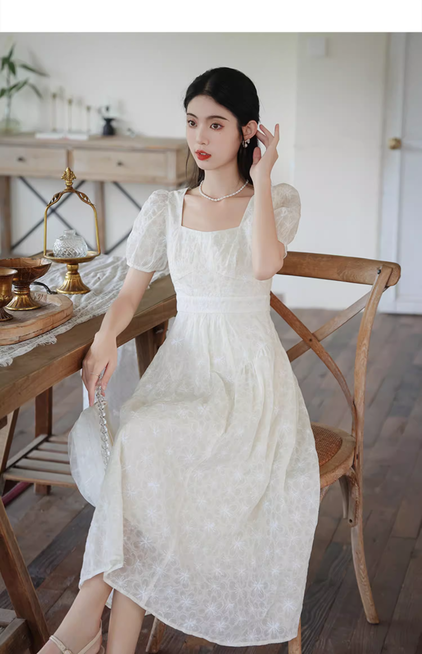 New Simple Fashion Short Puffy Sleeves Floral Design A-Line Dress TP3041