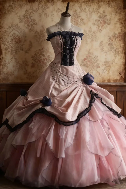 Chic Pink 3D Floral Applique A-Line Strapless Long Quinceanera Ball Gown TP5221