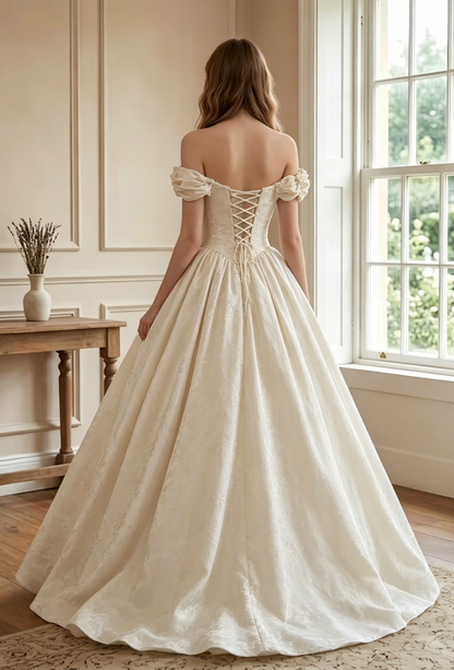 Elegant Ivory Off-the-Shoulder 3D Floral Jacquard Satin A-Line Wedding Dress TP5967