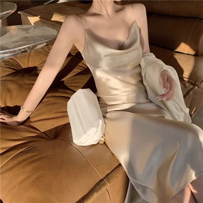 New Simple Design A-line Satin Sleeveless Spaghetti Strap Dress TP3277