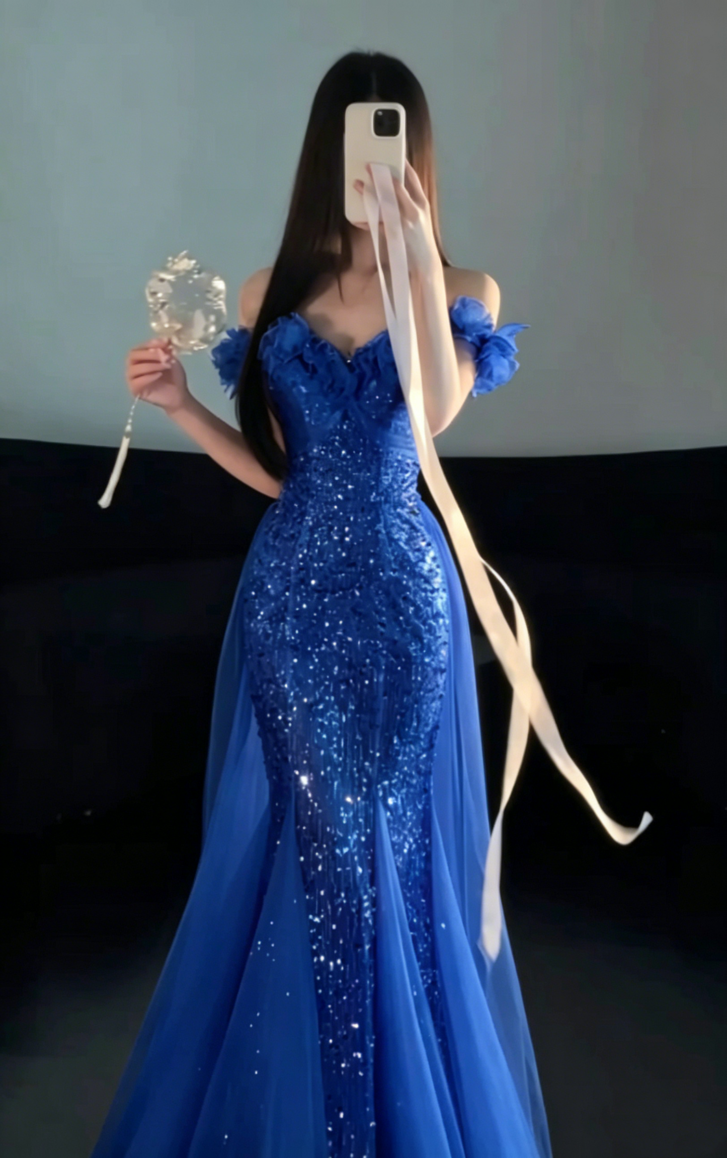 Glamorous Off-the-Shoulder Glitter Mermaid Tulle Floral Ruffle Neckline Prom Dress TP5872
