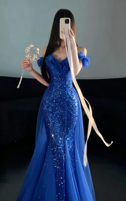 Glamorous Off-the-Shoulder Glitter Mermaid Tulle Floral Ruffle Neckline Prom Dress TP5872