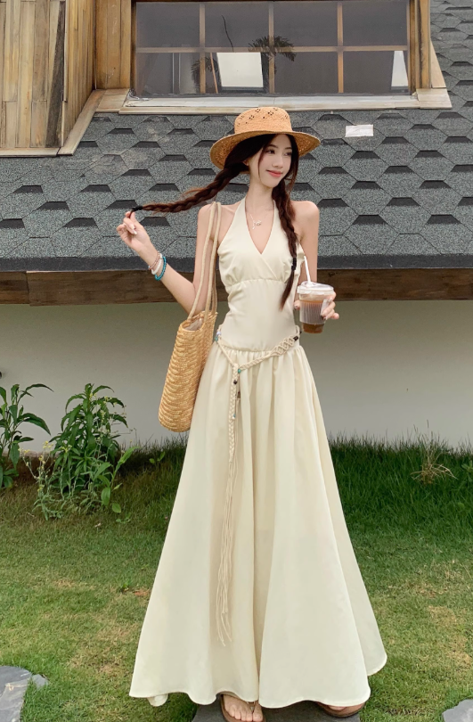 Simple Fashion Beige V-neck Design Beach Holiday A-line with Belt Halter Dress TP3371