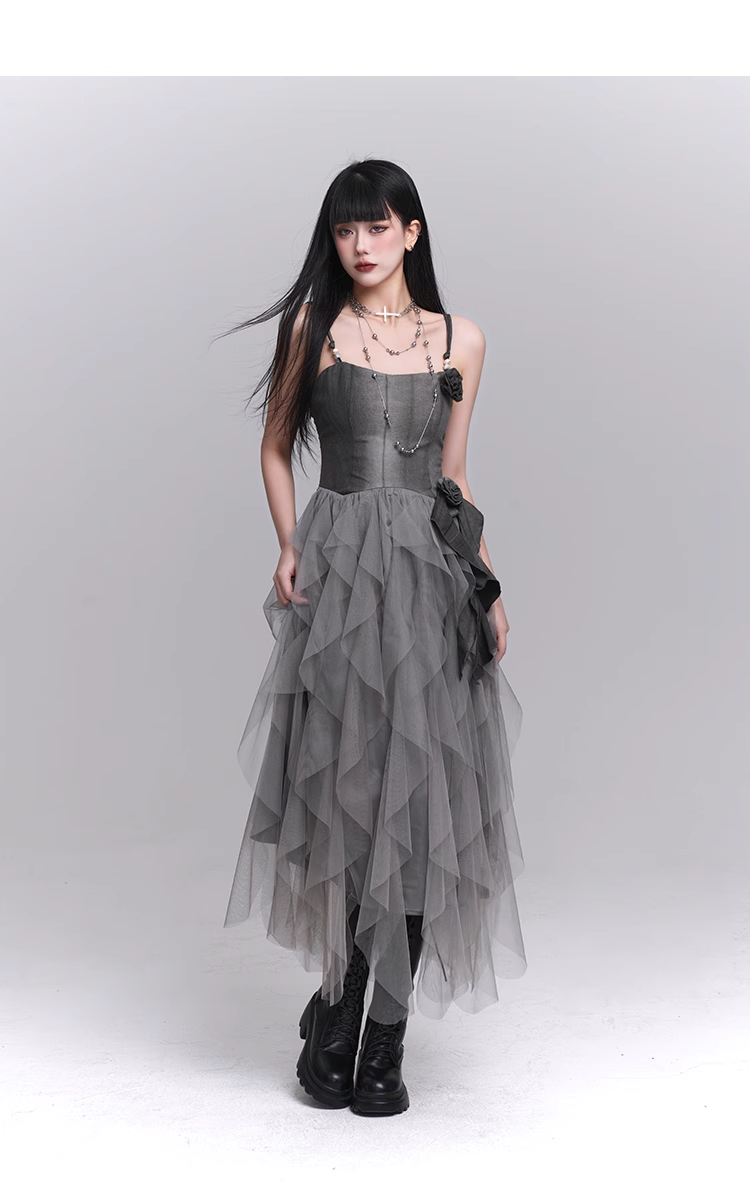 Simple Fashion Gray Rose Flower Design Women Spaghetti Strap Dress TP2943