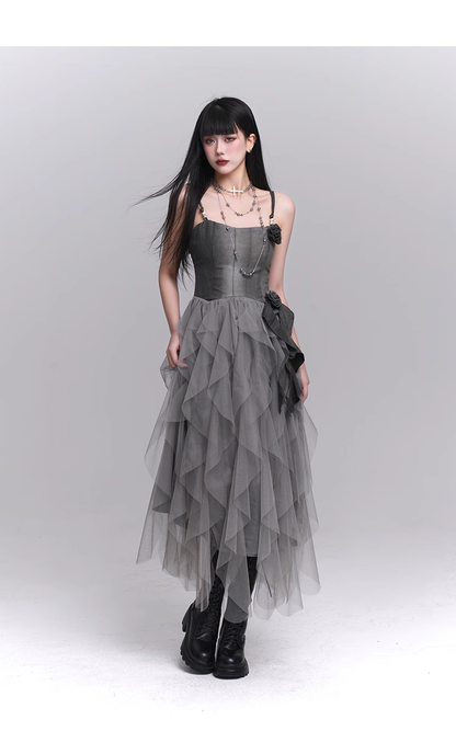 Simple Fashion Gray Rose Flower Design Women Spaghetti Strap Dress TP2943