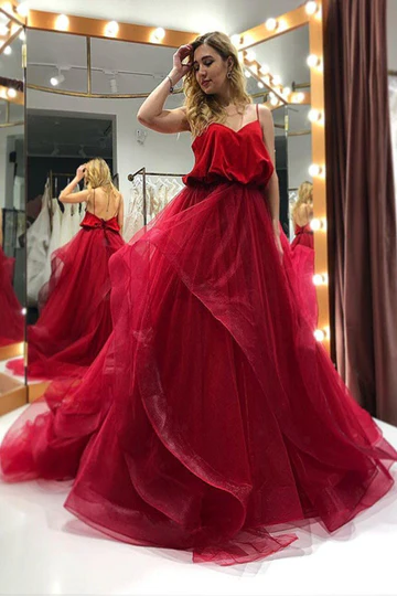 Gorgeous Burgundy Tulle Spaghetti Strap V-Neck A-Line Quinceanera Ball Gown TP5844