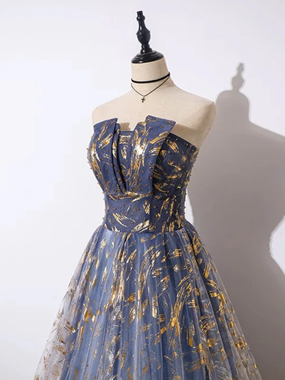Retro Blue Sequin Strapless Design A-line Tulle Party Dress Homecoming Dress TP4073