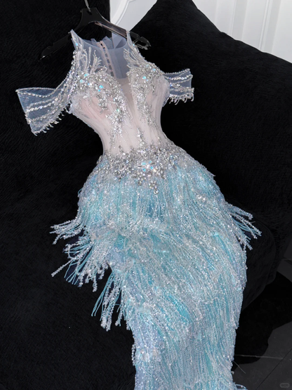 Shiny Light Blue Beaded Sequined Design Mermaid Prom Dress Evening Dress TP4218