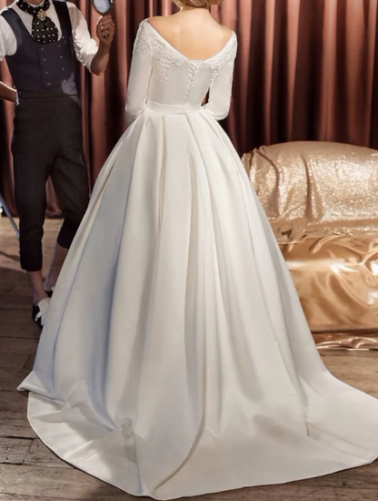 Elegant Ivory Embroidery Long-sleeve A-Line Satin Long Wedding Dress TP4825