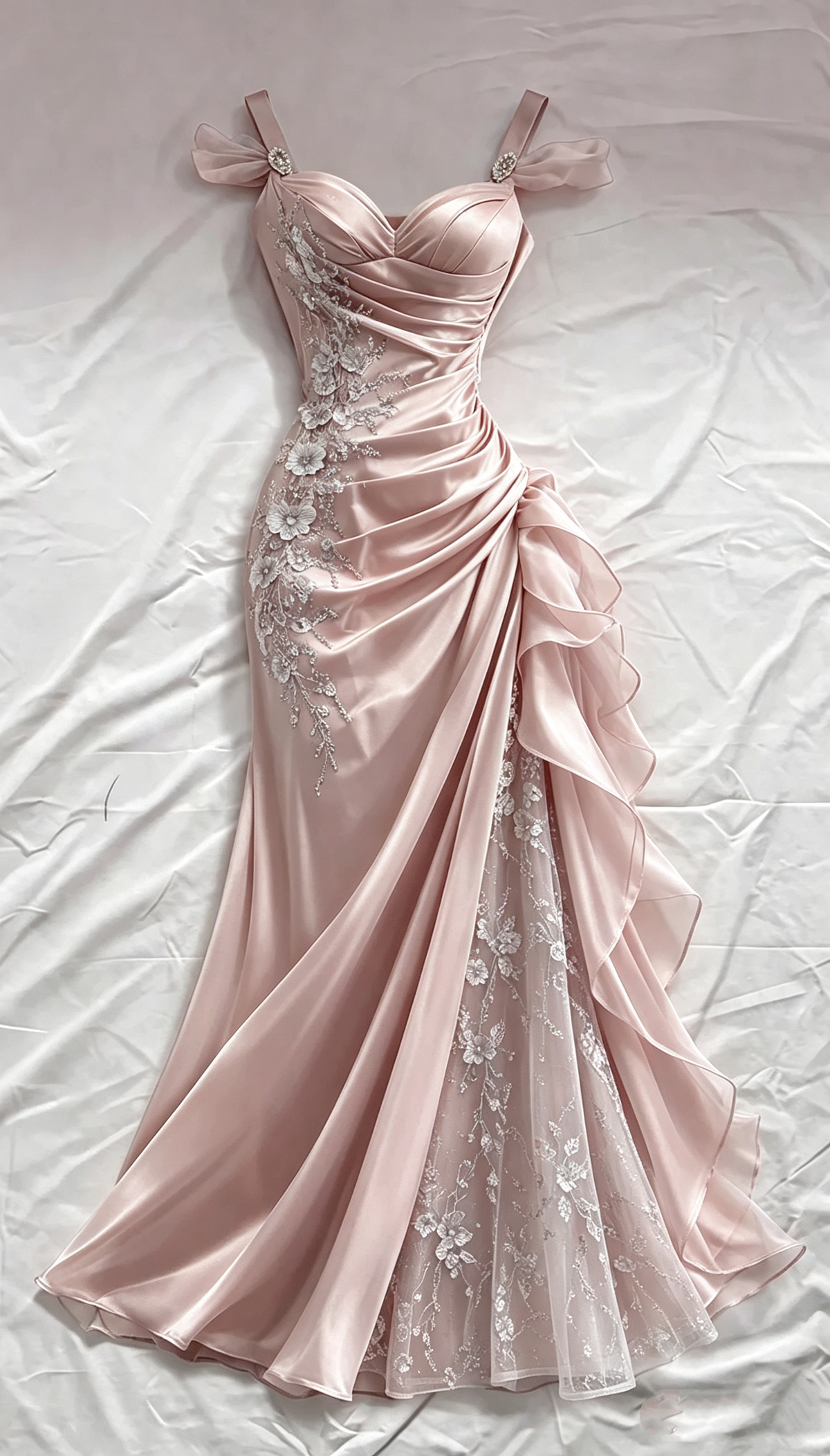 Vintage Dusty Blue Satin Mermaid Sweetheart Spaghetti Strap 3D Floral Lace Applique High Slit Ruffle Prom Dress TP5892