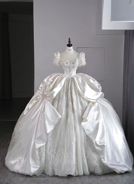 Vintage-Inspired Puff Sleeve Wedding Dress A-Line Satin Overlay & Lace Bridal Gown TP5075