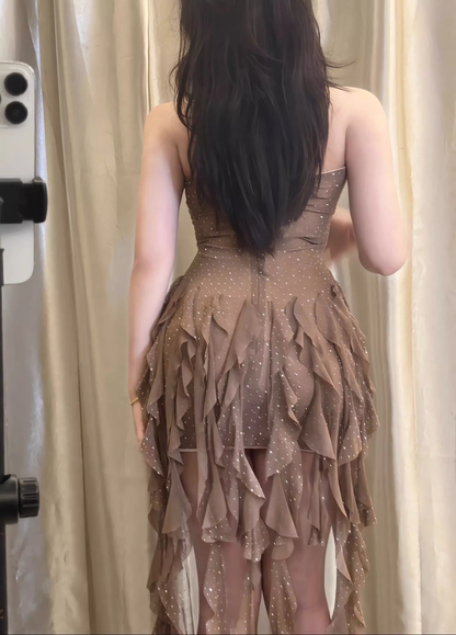 Retro Brown Strapless Sequin Irregular Hem Design Sheath Tulle Party Dress Homecoming Dresses TP3950