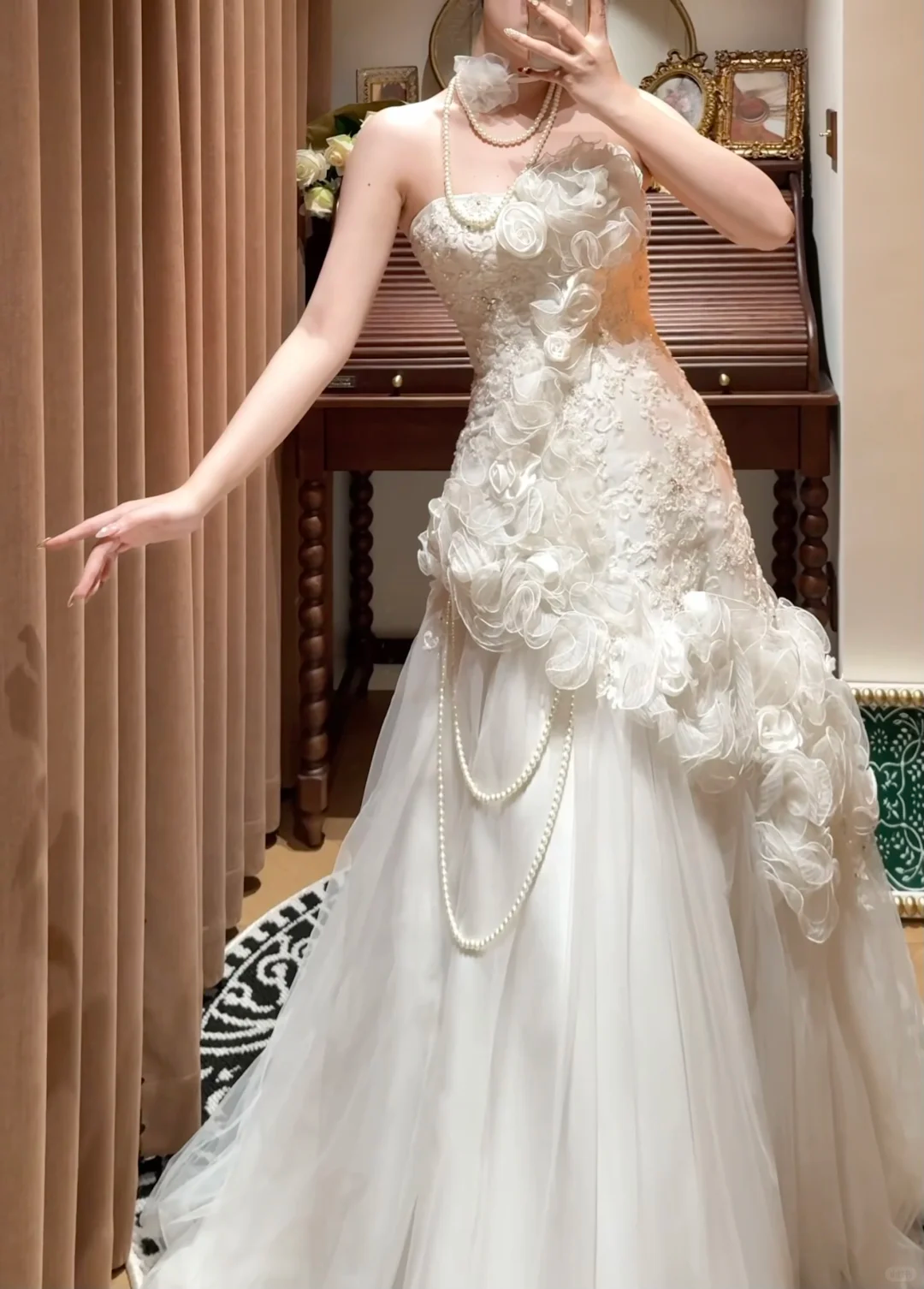 Glamorous Strapless 3D Floral Lace Mermaid Ruffled Embroidery Pearl Accents Wedding Dress TP5335