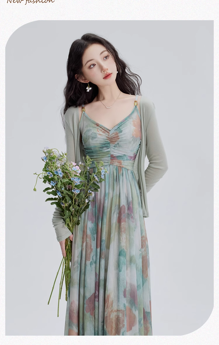 Vintage Fashion Floral Print Design Long-sleeved Cardigan A-line Long Spaghetti Strap Dress TP3335