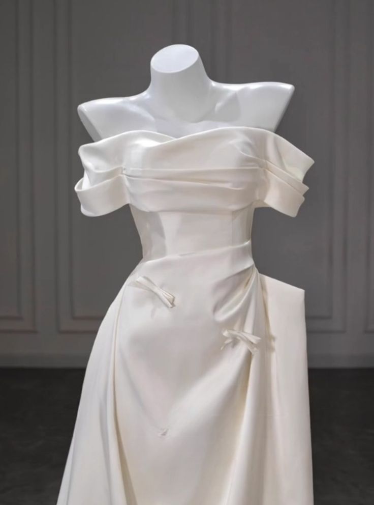 Vintage White Satin Off-Shoulder Ribbon Bow Wedding Dress A-Line Bridal Gown TP5174