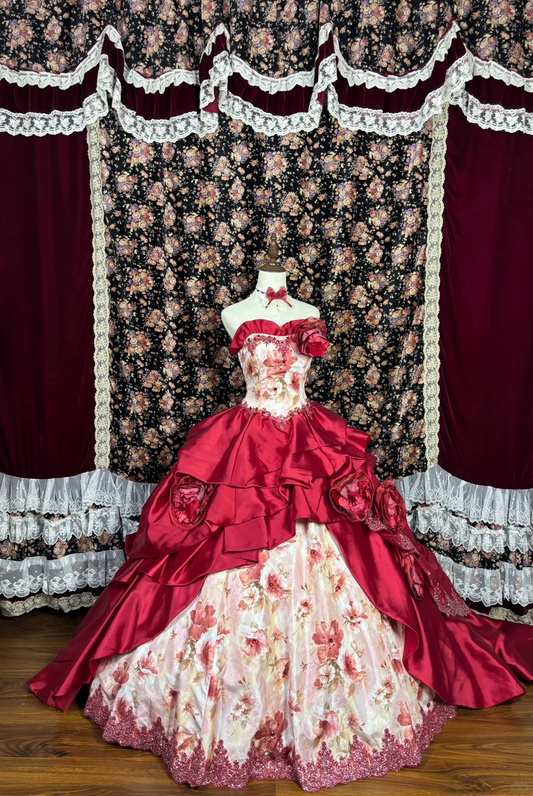 Vintage Burgundy & Floral Print Strapless Ball Gown Ruffled Layered Dress 3D Floral Embellishments Quinceañera Formal Dress TP5124