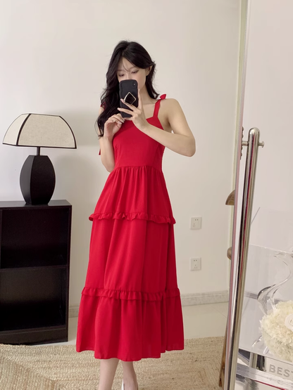 New Fashion Red Casual Sleeveless Beach Spaghetti Strap Dress TP2978