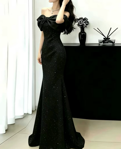 Glamorous Off-the-Shoulder Bow Glitter Mermaid Floor Length Prom Dress TP5873