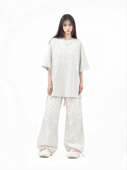 Simple Pink Floral Design Loose-fitting Elastic Waistband Long Casual Pants TP3217