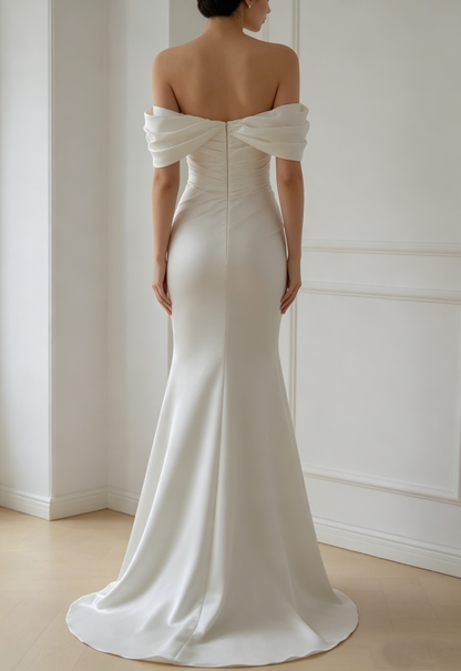Romantic Ivory Off-the-Shoulder Satin Mermaid Ruched Bodice Wedding Dress TP5990