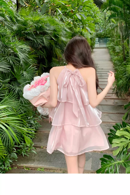 Stylish Pink Patchwork Ruffled Sleeveless Seaside Holiday Halter Dress TP2986